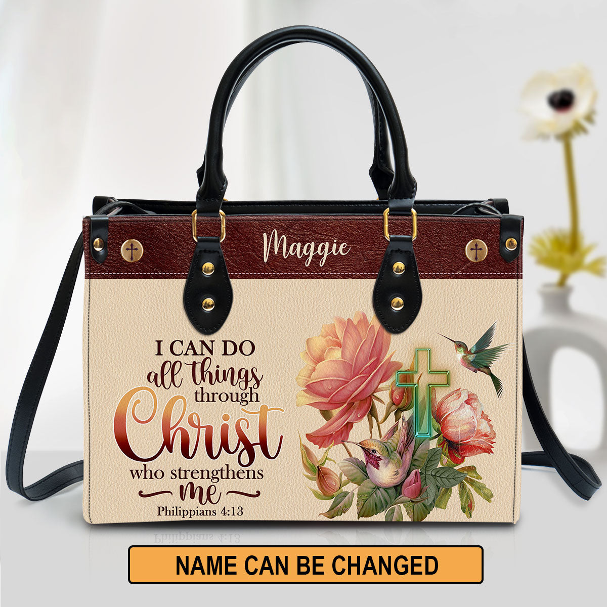 I Can Do All Things Through Christ Philippians 41 3 Humming Bird And Cross Leather Bag, Personalized Leather Bible Bag, Christian Gifts For Women