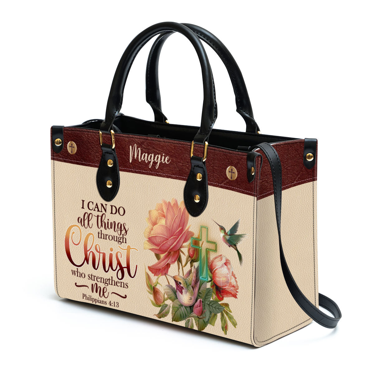 I Can Do All Things Through Christ Philippians 41 3 Humming Bird And Cross Leather Bag, Personalized Leather Bible Bag, Christian Gifts For Women