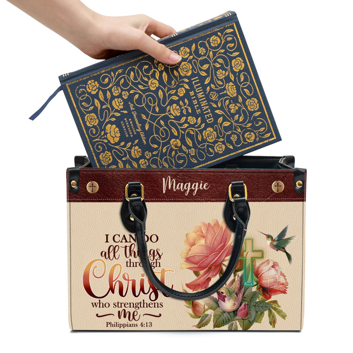 I Can Do All Things Through Christ Philippians 41 3 Humming Bird And Cross Leather Bag, Personalized Leather Bible Bag, Christian Gifts For Women