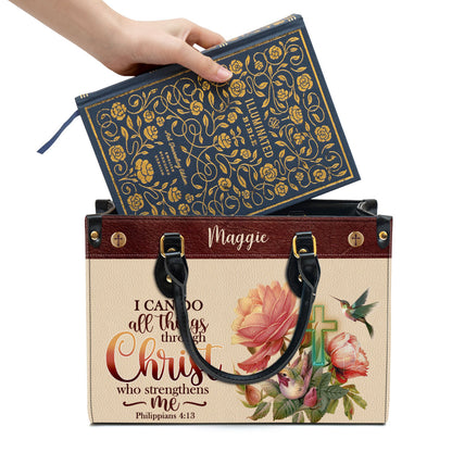 I Can Do All Things Through Christ Philippians 41 3 Humming Bird And Cross Leather Bag, Personalized Leather Bible Bag, Christian Gifts For Women