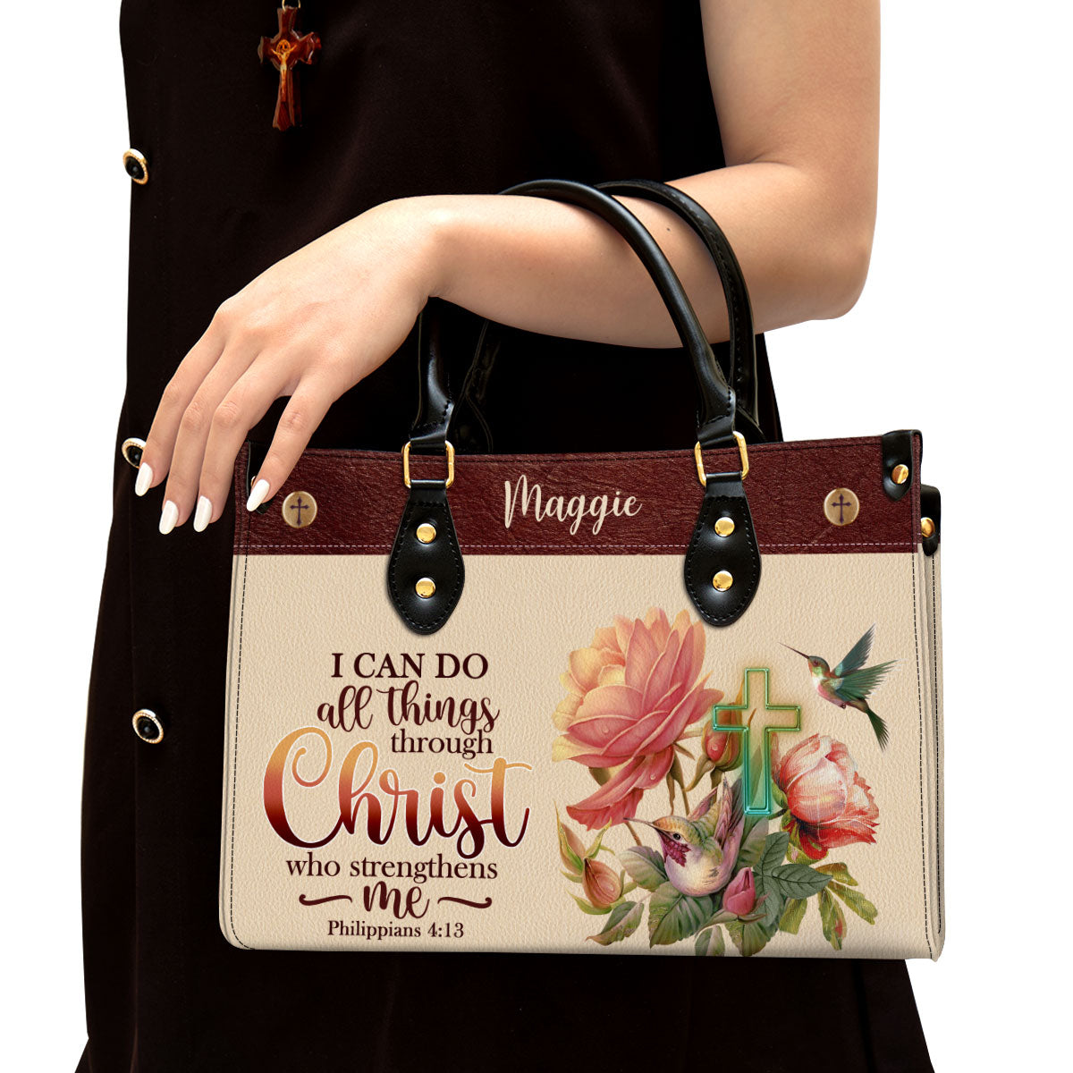 I Can Do All Things Through Christ Philippians 41 3 Humming Bird And Cross Leather Bag, Personalized Leather Bible Bag, Christian Gifts For Women