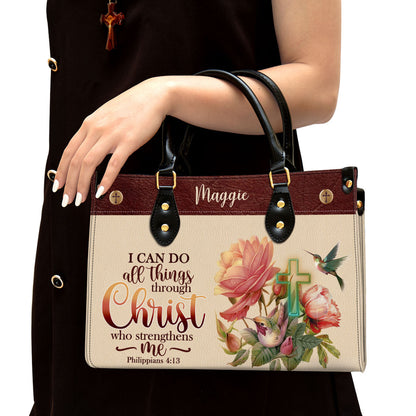 I Can Do All Things Through Christ Philippians 41 3 Humming Bird And Cross Leather Bag, Personalized Leather Bible Bag, Christian Gifts For Women
