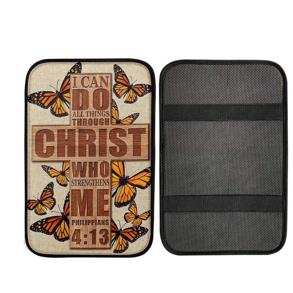 I Can Do All Things Through Christ Who Strengthens Me Cross Orange Butterfly Car Center Console Cover, Religious Car Interior Accessories