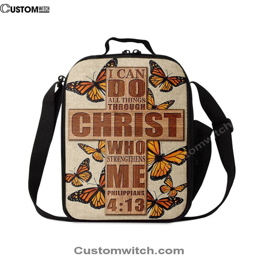 I Can Do All Things Through Christ Who Strengthens Me Cross Orange Butterfly Lunch Bag, Christian Lunch Bag, Religious Lunch Box For School, Picnic