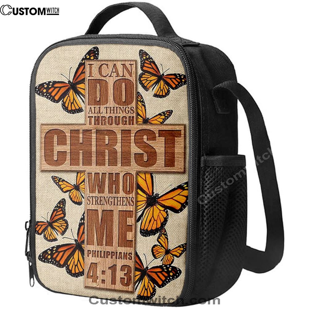 I Can Do All Things Through Christ Who Strengthens Me Cross Orange Butterfly Lunch Bag, Christian Lunch Bag, Religious Lunch Box For School, Picnic
