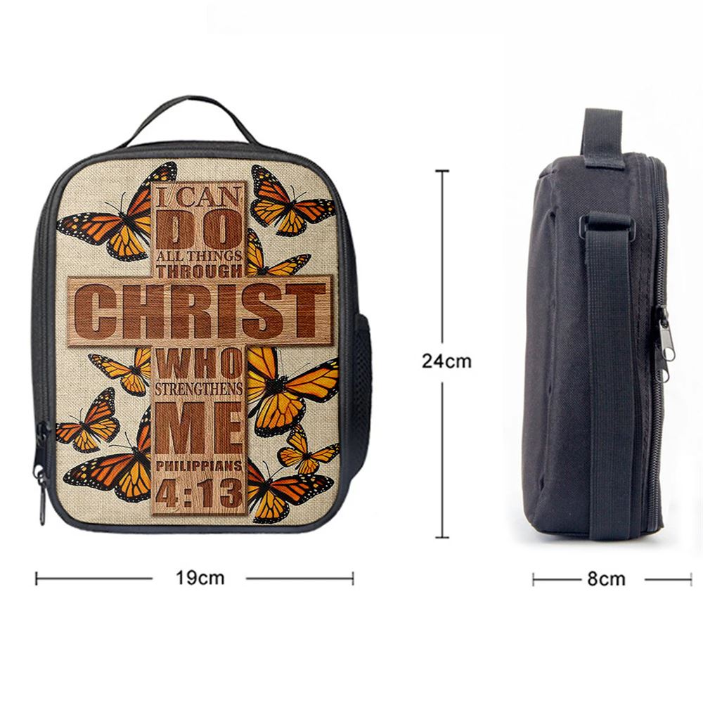 I Can Do All Things Through Christ Who Strengthens Me Cross Orange Butterfly Lunch Bag, Christian Lunch Bag, Religious Lunch Box For School, Picnic