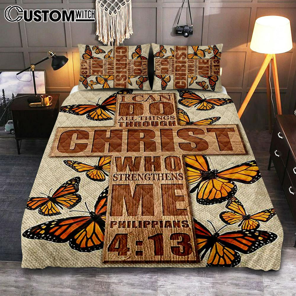 I Can Do All Things Through Christ Who Strengthens Me Cross Orange Butterfly Quilt Bedding Set Bedroom - Bible Verse Quilt Bedding Set Art