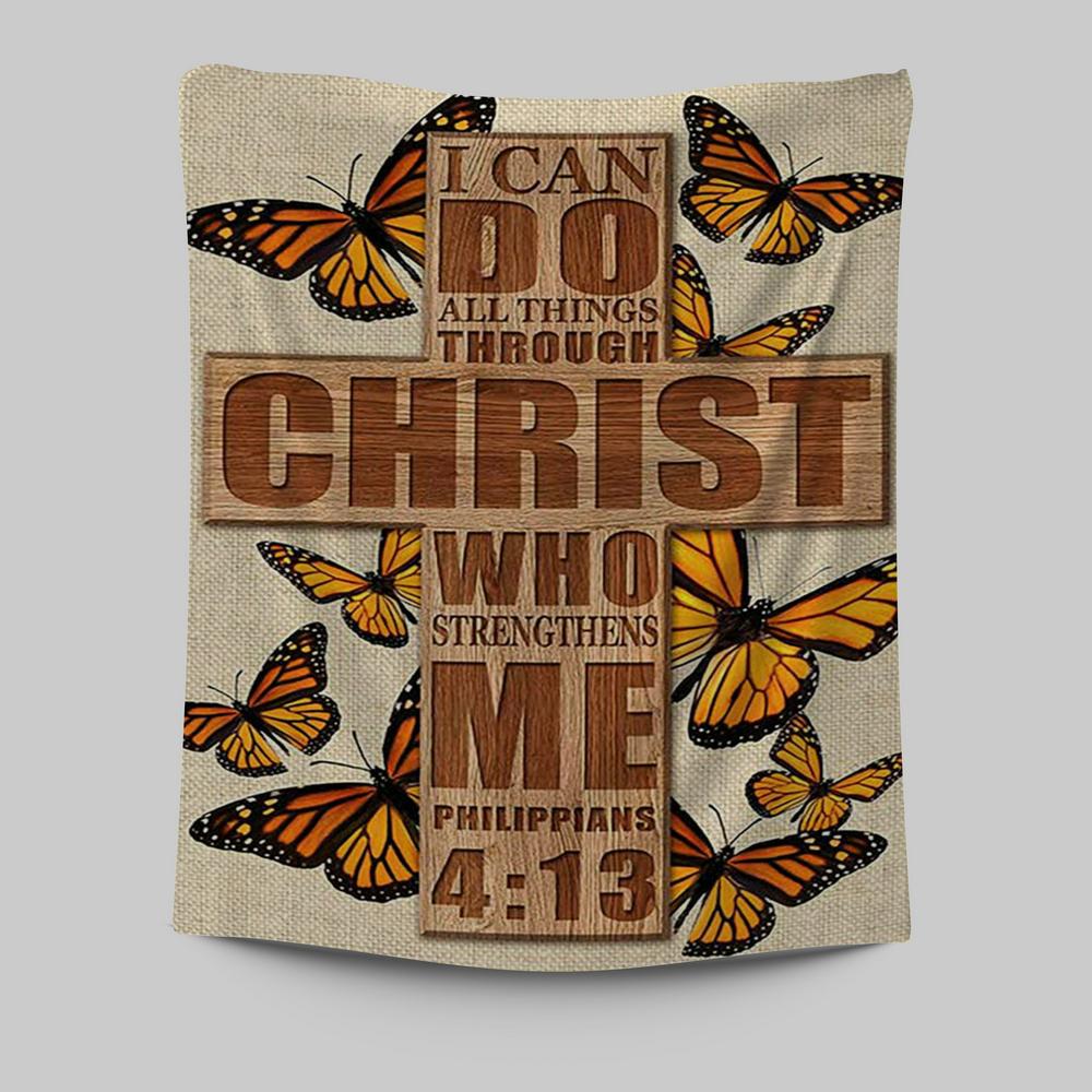 I Can Do All Things Through Christ Who Strengthens Me Cross Orange Butterfly Tapestry Wall Art - Bible Verse Tapestry Art