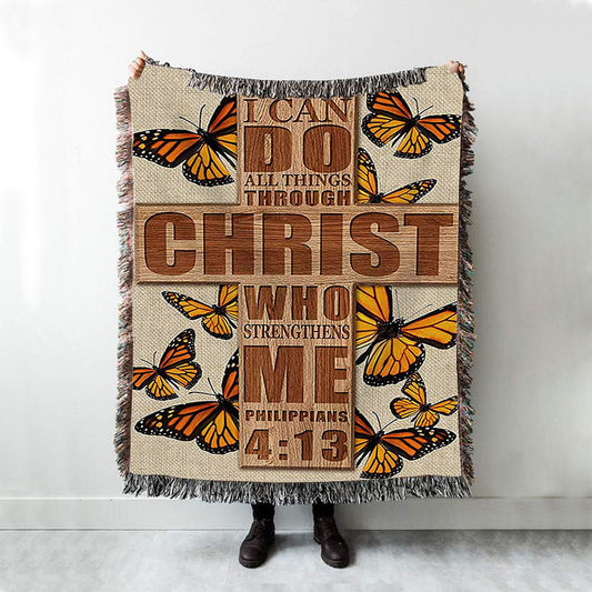 I Can Do All Things Through Christ Who Strengthens Me Cross Orange Butterfly Woven Throw Blanket - Bible Verse Woven Blanket Art