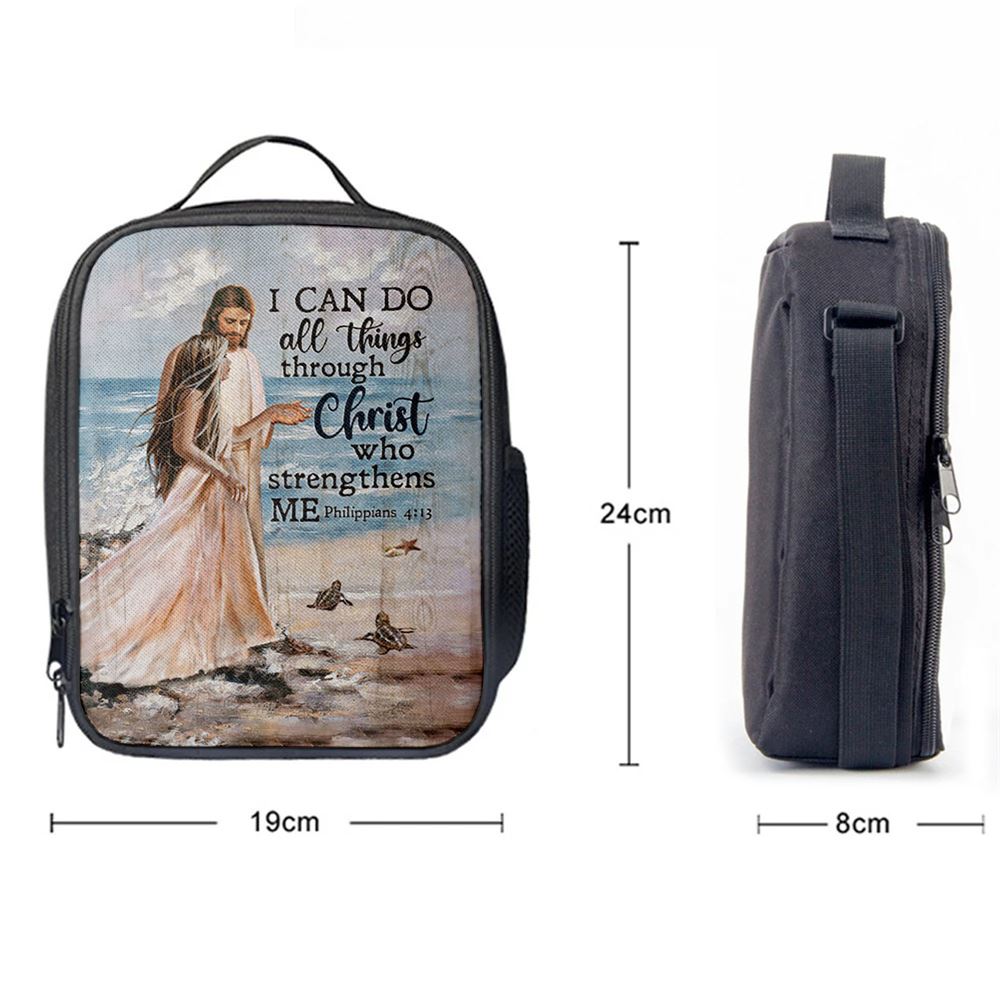 I Can Do All Things Through Christ Who Strengthens Me Lunch Bag, Jesus And Girl On The Beach Lunch Bag, Religious Lunch Box For School, Picnic