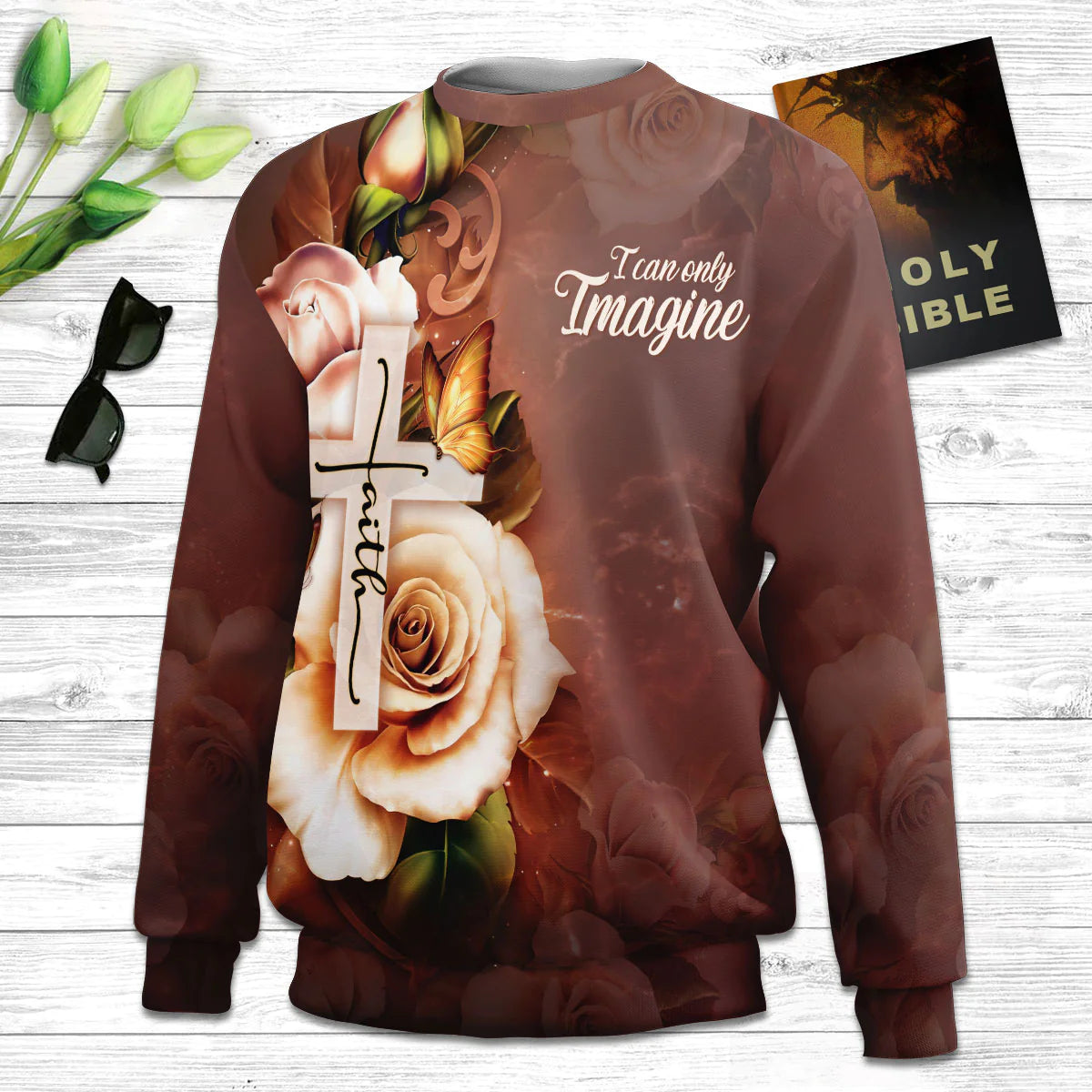 I Can Only Imagine Faith Cross And Roses Ugly Christmas Sweater - Christian Unisex Sweater - Religious Christmas Gift