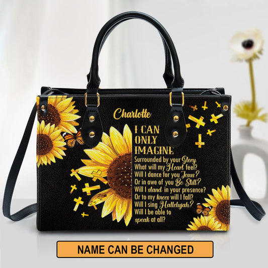 I Can Only Imagine Sunflower And Cross Personalized Leather Handbag With Handle, Gifts For Religious Women