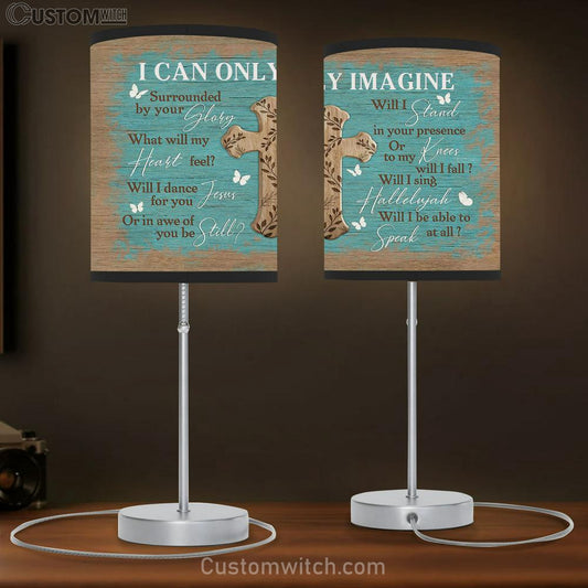 I Can Only Imagine Vintage Cross Blue Background Butterfly Table Lamb Prints - Religious Table Lamb Art - Christian Home Decor