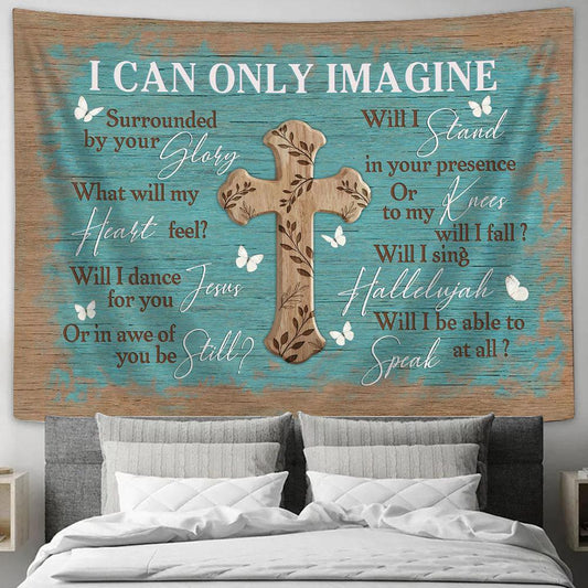 I Can Only Imagine Vintage Cross Blue Background Butterfly Tapestry Prints - Religious Tapestry Art - Christian Home Decor