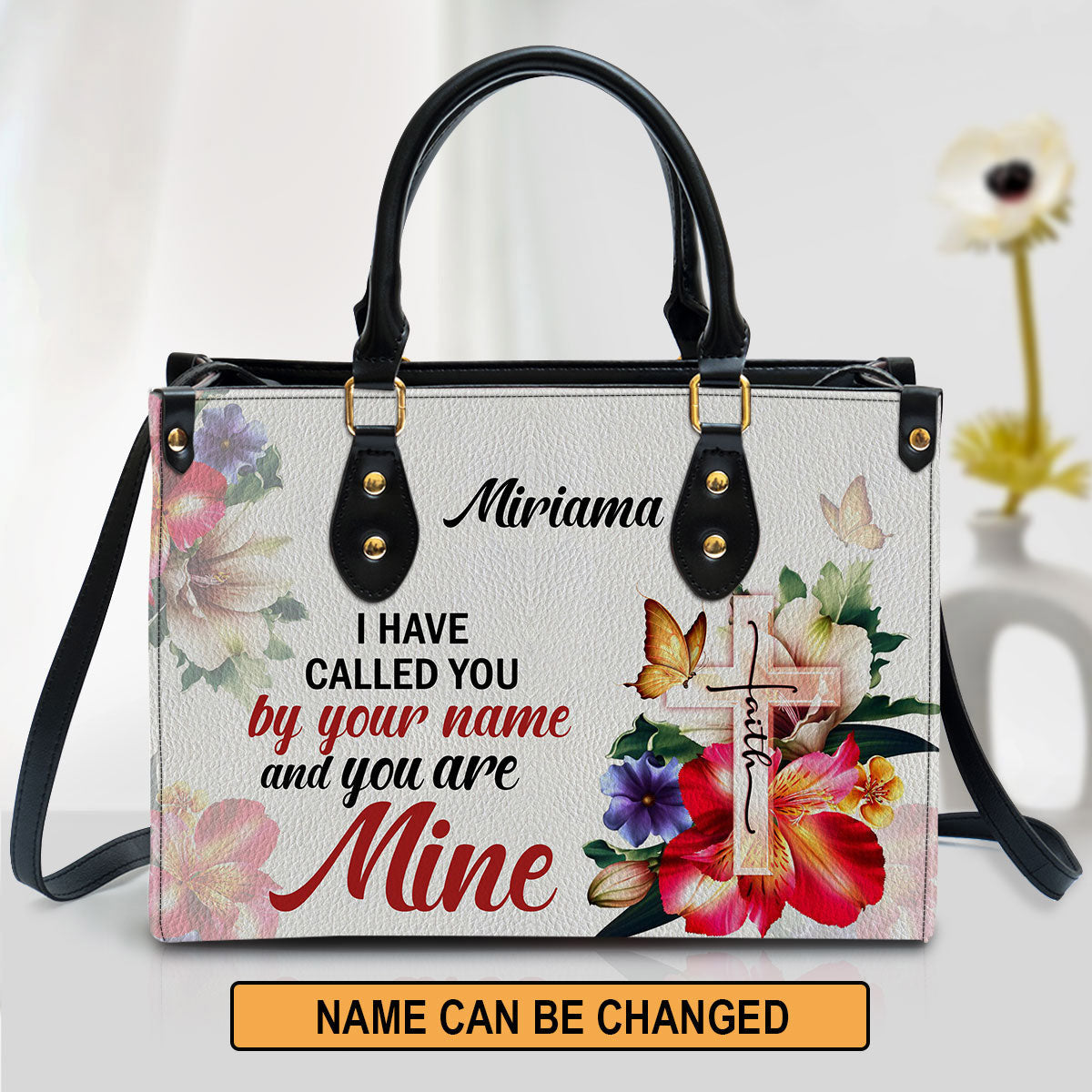 I Have Called You By Your Name Isaiah 431 Cross And Flower Leather Bag, Personalized Leather Bible Handbag, Christian Gifts For Women