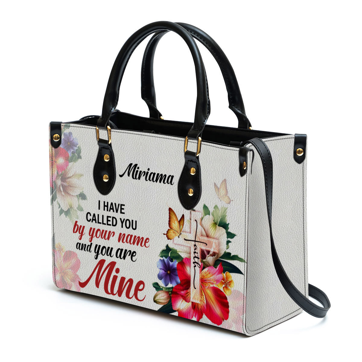 I Have Called You By Your Name Isaiah 431 Cross And Flower Leather Bag, Personalized Leather Bible Handbag, Christian Gifts For Women