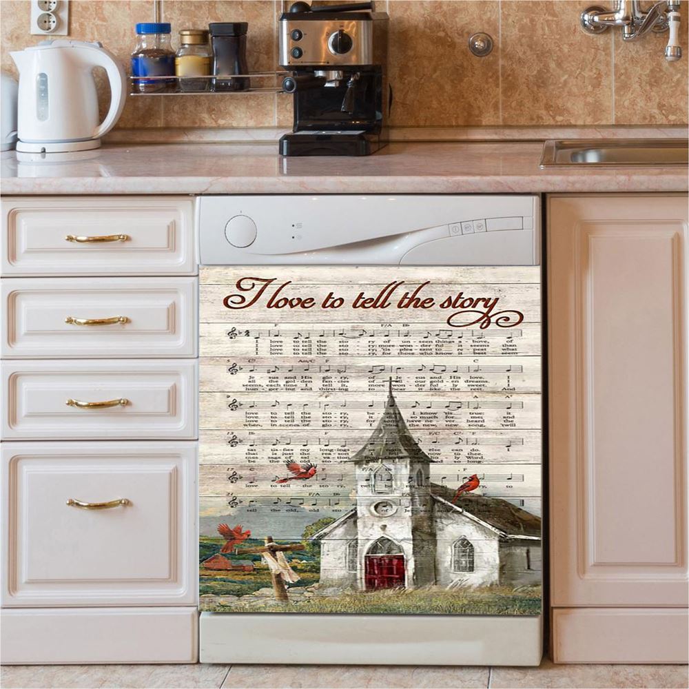 I Love To Tell The Story Red Cardinal Cross Dishwasher Cover, Bible Verse Dishwasher Stickers, Christian Inspirational Kitchen Decor