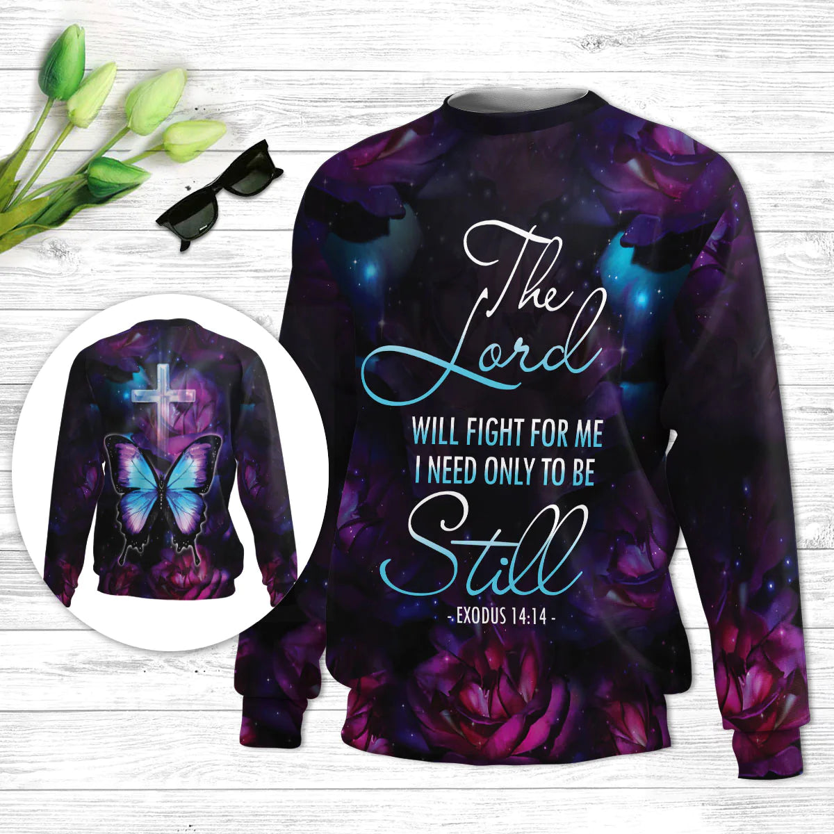 I Need Only To Be Still Exodus 1414 Ugly Christmas Sweater - Butterfly & Cross Ugly Christmas Sweater - Christian Unisex Sweater - Religious Christmas Gift