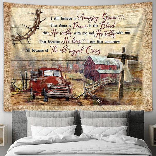 I Still Believe In Amazing Grace Farm Red Truck Wooden Cross Large Tapestry Art - Christian Wall Decor - Religious Wall Decor