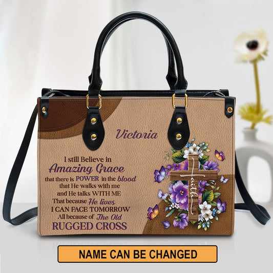 I Still Believe In Amazing Grace Leather Bag, Custom Name Floral Cross Leather Handbag, Christian Gifts For Women
