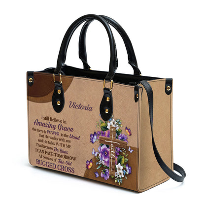 I Still Believe In Amazing Grace Leather Bag, Custom Name Floral Cross Leather Handbag, Christian Gifts For Women