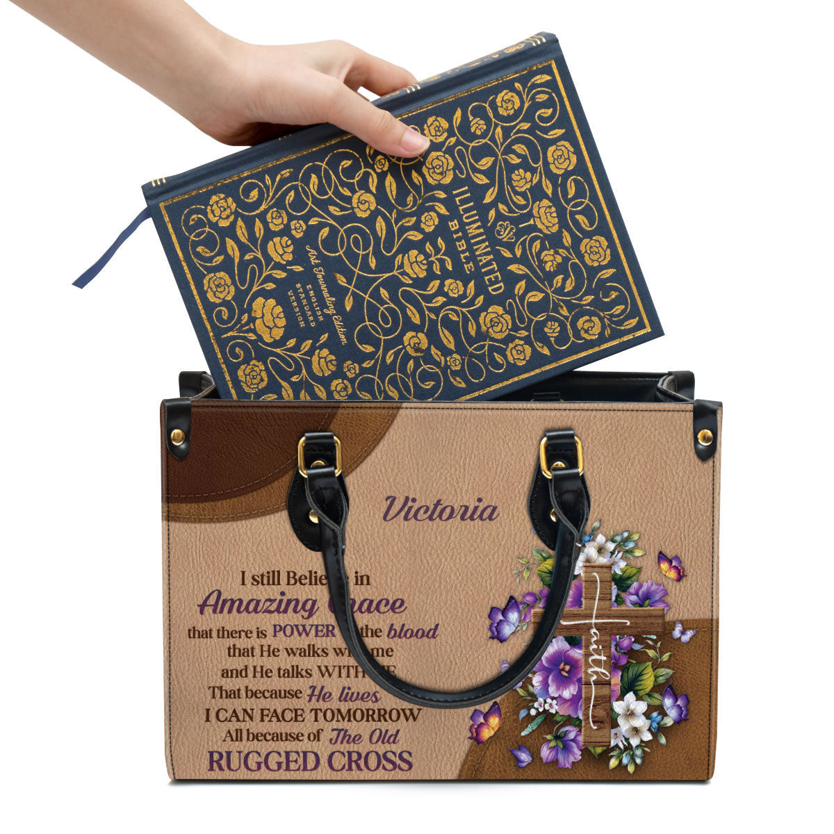 I Still Believe In Amazing Grace Leather Bag, Custom Name Floral Cross Leather Handbag, Christian Gifts For Women