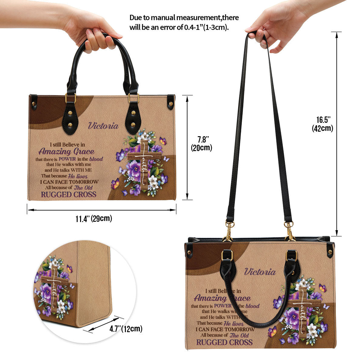 I Still Believe In Amazing Grace Leather Bag, Custom Name Floral Cross Leather Handbag, Christian Gifts For Women