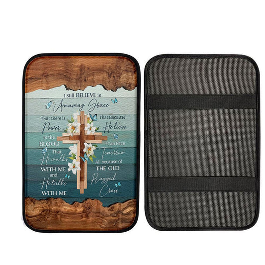 I Still Believe In Amazing Grace Lily With Butterfly Wooden Cross Car Center Console Cover, Christ Car Armrest Accessories