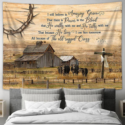 I Still Believe In Amazing Grace Tapestry - Angus Cows Wooden Cross Wall Art Tapestry - Christian Wall Art - Religious Art