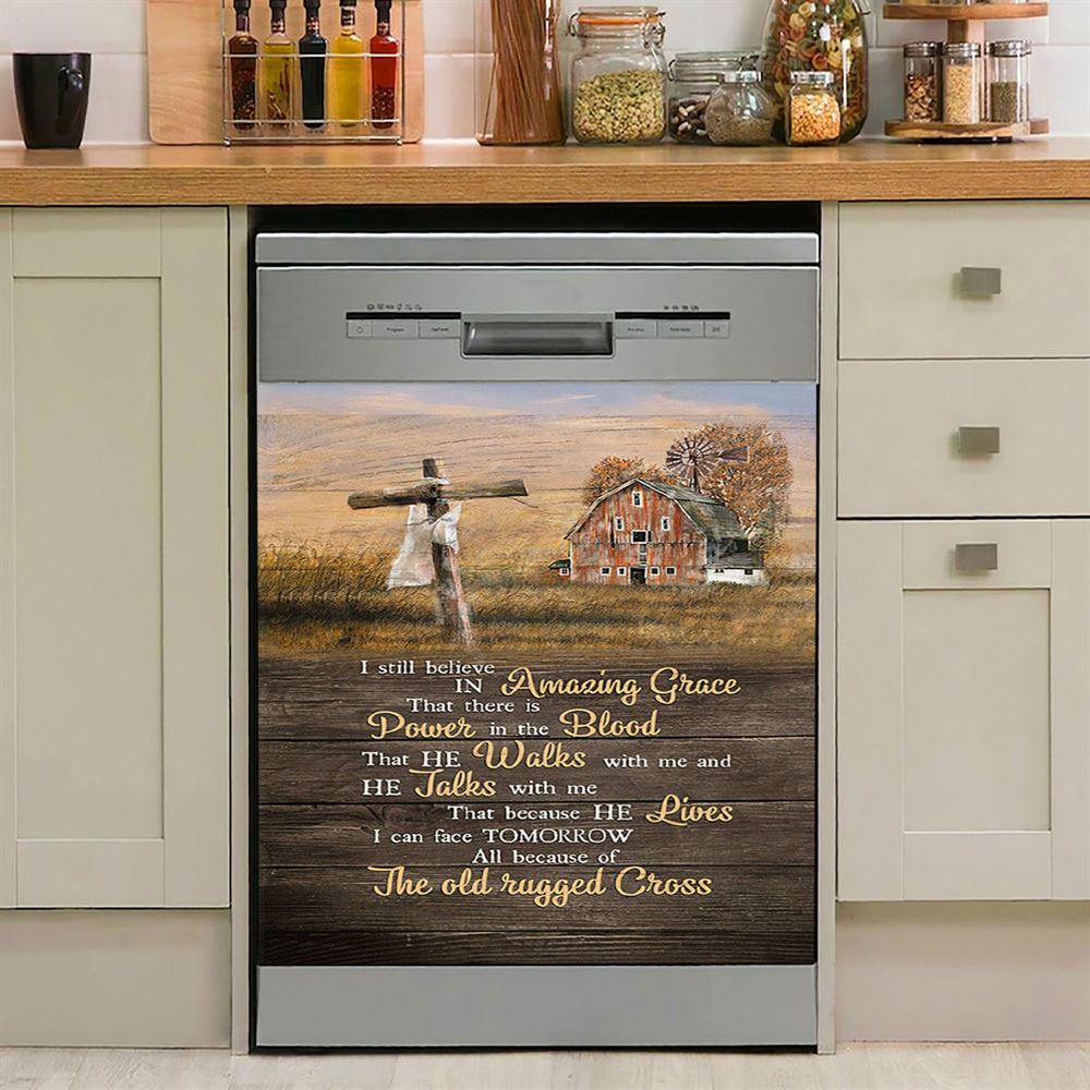 I Still Believe In Amazing Grace Wooden Cross Dishwasher Cover, Bible Verse Dishwasher Stickers, Christian Inspirational Kitchen Decor
