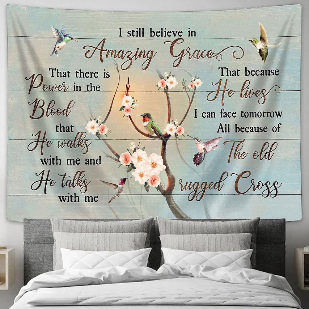 I Still Believe In Grace Apricot Blossom Hummingbird Tapestry Wall Art - Bible Verse Tapestry - Religious Tapestry Wall Hanging