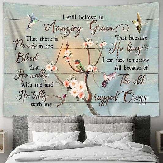 I Still Believe In Grace Apricot Blossom Hummingbird Tapestry Wall Art - Bible Verse Tapestry - Religious Tapestry Wall Hanging