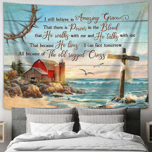 I Still Believe In Grace Beach Blue Ocean Rustic Farmhouse Tapestry Wall Art - Bible Verse Tapestry - Religious Tapestry Wall Hanging