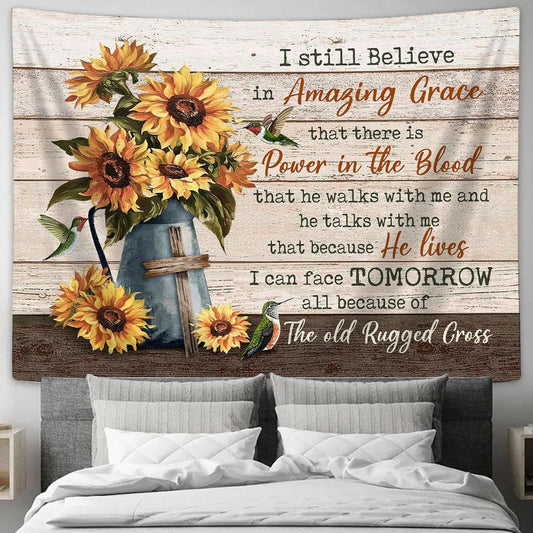 I Still Believe In Grace Sunflower Wooden Cross Tapestry Prints - Religious Tapestry Art - Christian Home Decor
