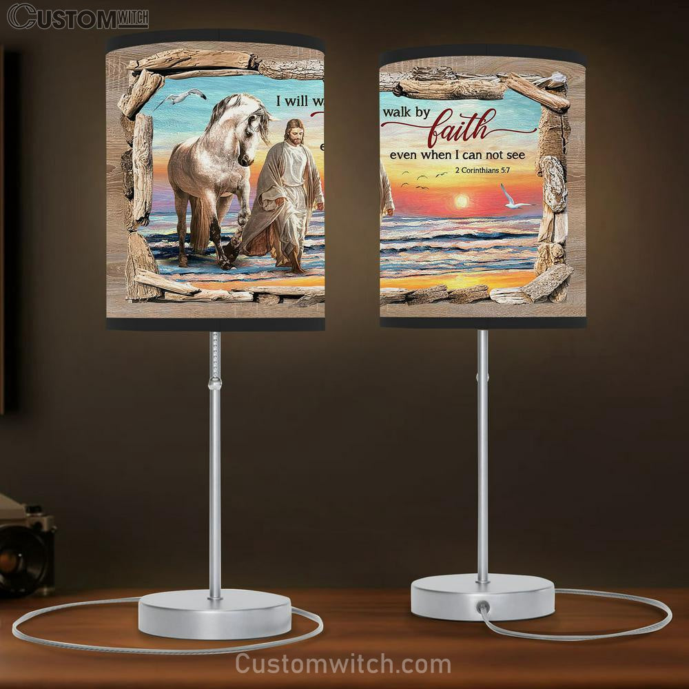 I Will Walk By Faith Table Lamb - Jesus And White Horse On The Beach Table Lamb Art - Bible Verse Lamb Gift - Christian Bedroom Decor