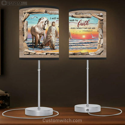 I Will Walk By Faith Table Lamb - Jesus And White Horse On The Beach Table Lamb Art - Bible Verse Lamb Gift - Christian Bedroom Decor