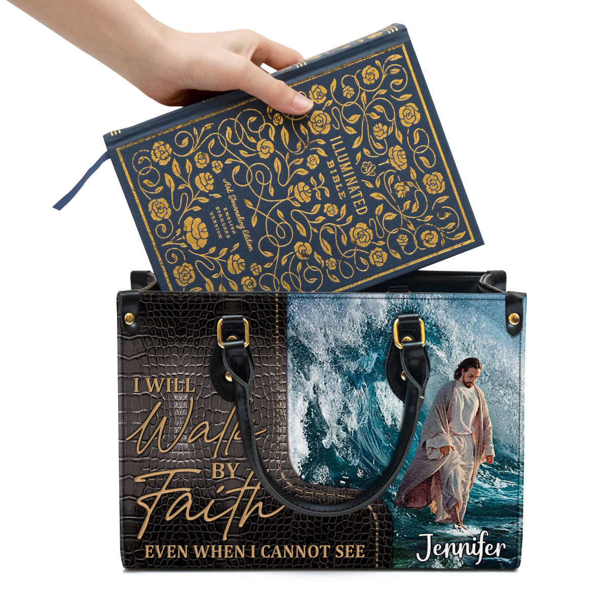 I Will Walk By Faith Even I Cannot See, Unique Jesus Leather Bag, Christian Pu Leather Bags For Women