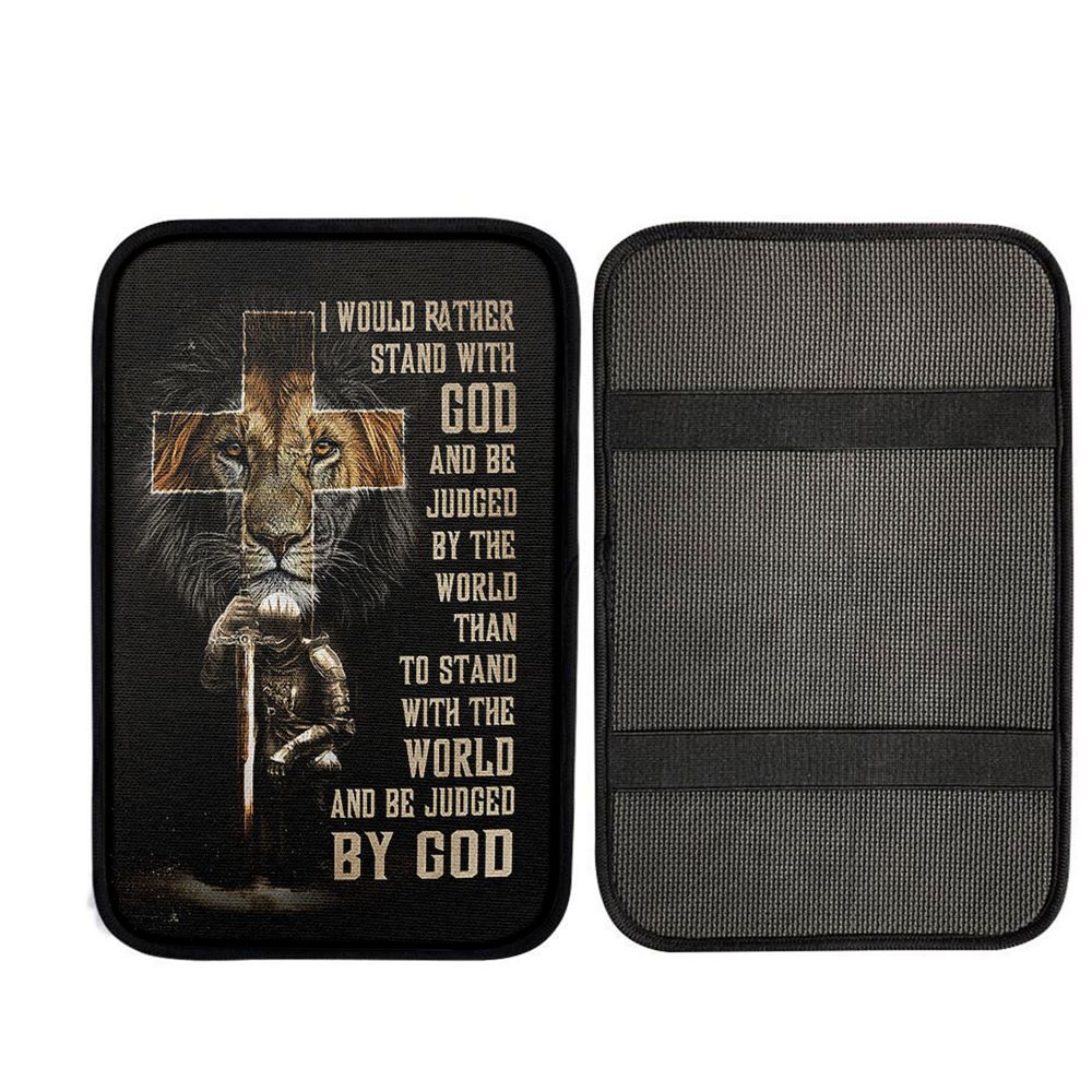 I Would Rather Stand With God Car Armrest Pad - Lion Of Judah Cross Warrior Car Center Console Cover, Christ Car Armrest Accessories