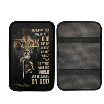 I Would Rather Stand With God Car Armrest Pad - Lion Of Judah Cross Warrior Car Center Console Cover, Christ Car Armrest Accessories