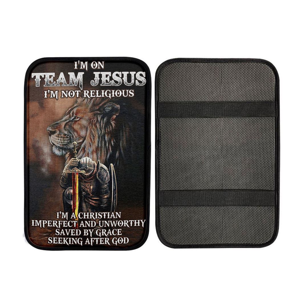 I'm On Team Jesus Car Center Console Cover - Lion & Warrior Car Armrest Pad, Christian Car Armrest Accessories