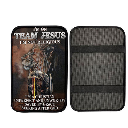 I'm On Team Jesus Car Center Console Cover - Lion & Warrior Car Armrest Pad, Christian Car Armrest Accessories