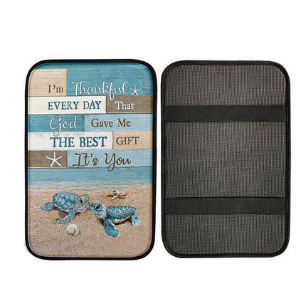I'm Thankful Every Day Blue Sea Turtle Car Center Console Cover, Christian Car Armrest Accessories