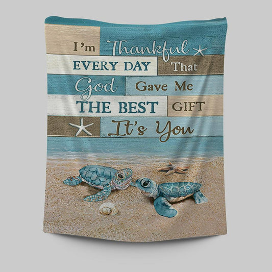 I'm Thankful Every Day Blue Sea Turtle Tapestry Art - Bible Verse Wall Art - Christian Inspirational Wall Decor