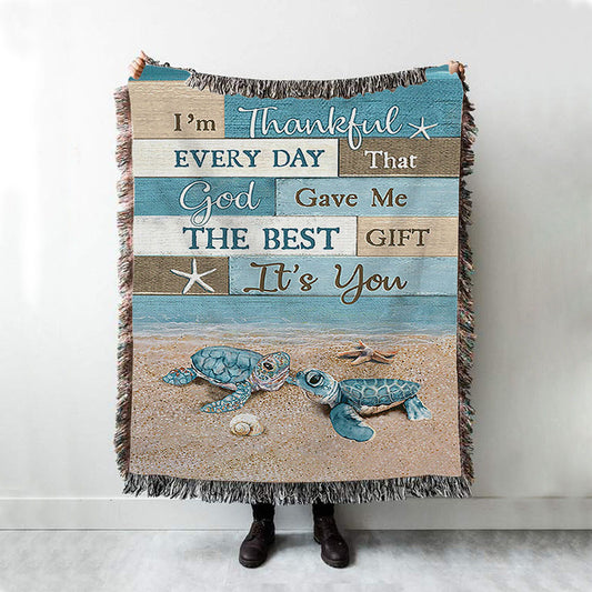 I'm Thankful Every Day Blue Sea Turtle Woven Blanket Art - Bible Verse Throw Blanket - Christian Inspirational Boho Blanket