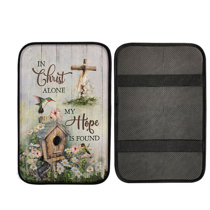 In Christ Alone My Hope Is Found Birdhouse Wooden Cross Hummingbird Car Center Console Cover, Christian Car Armrest Accessories