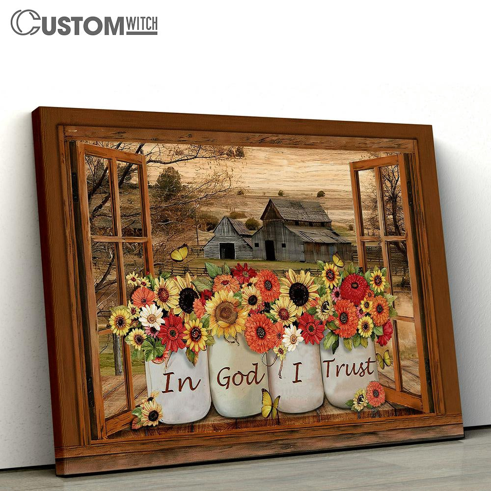 In God I Trust Barn On Farm Types Of Flowers Canvas Wall Art - Bible Verse Canvas - Religious Prints
