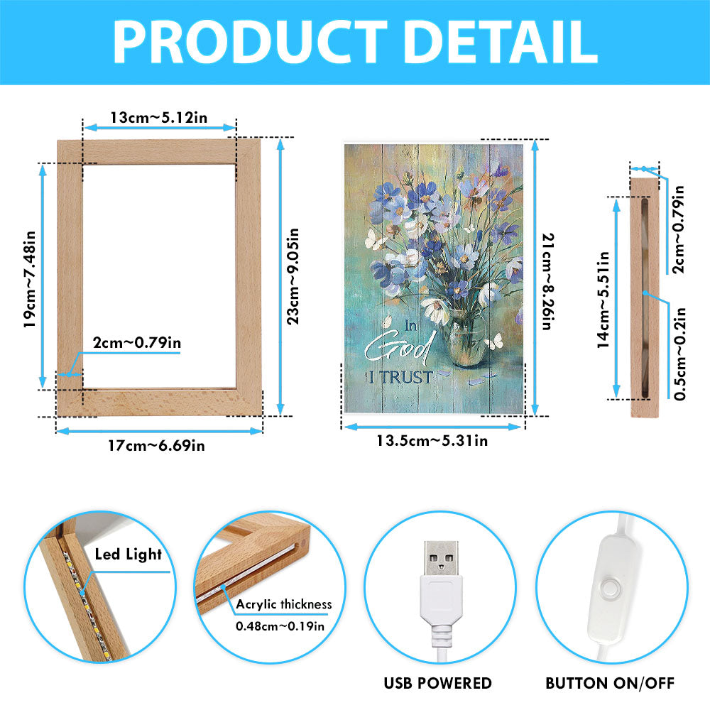 In God I Trust Blue Delicate Flower Frame Lamp - Christian Art - Religious Home Decor