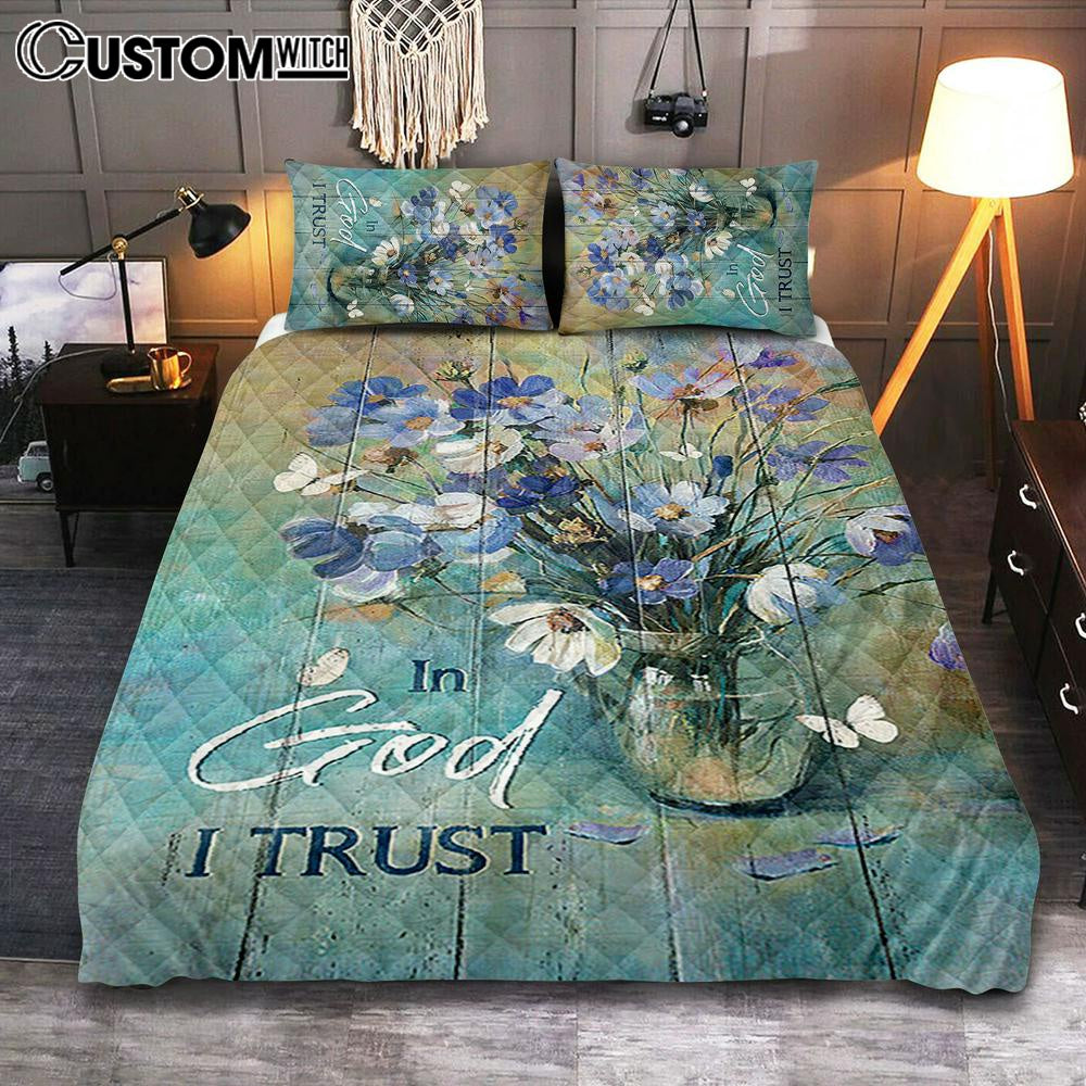 In God I Trust Blue Delicate Flower Quilt Bedding Set - Christian Bedroom - Religious Home Decor