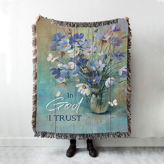 In God I Trust Blue Delicate Flower Woven Blanket - Christian Throw Blanket - Religious Home Decor