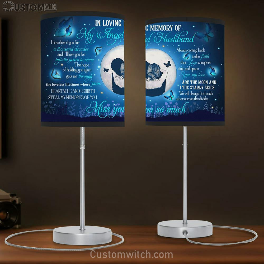 In Loving Memory Of My Angel Husband Blue Butterfly Moon Flower Hug Large Table Lamb - Christian Table Lamb Prints - Religious Table Lamb Art